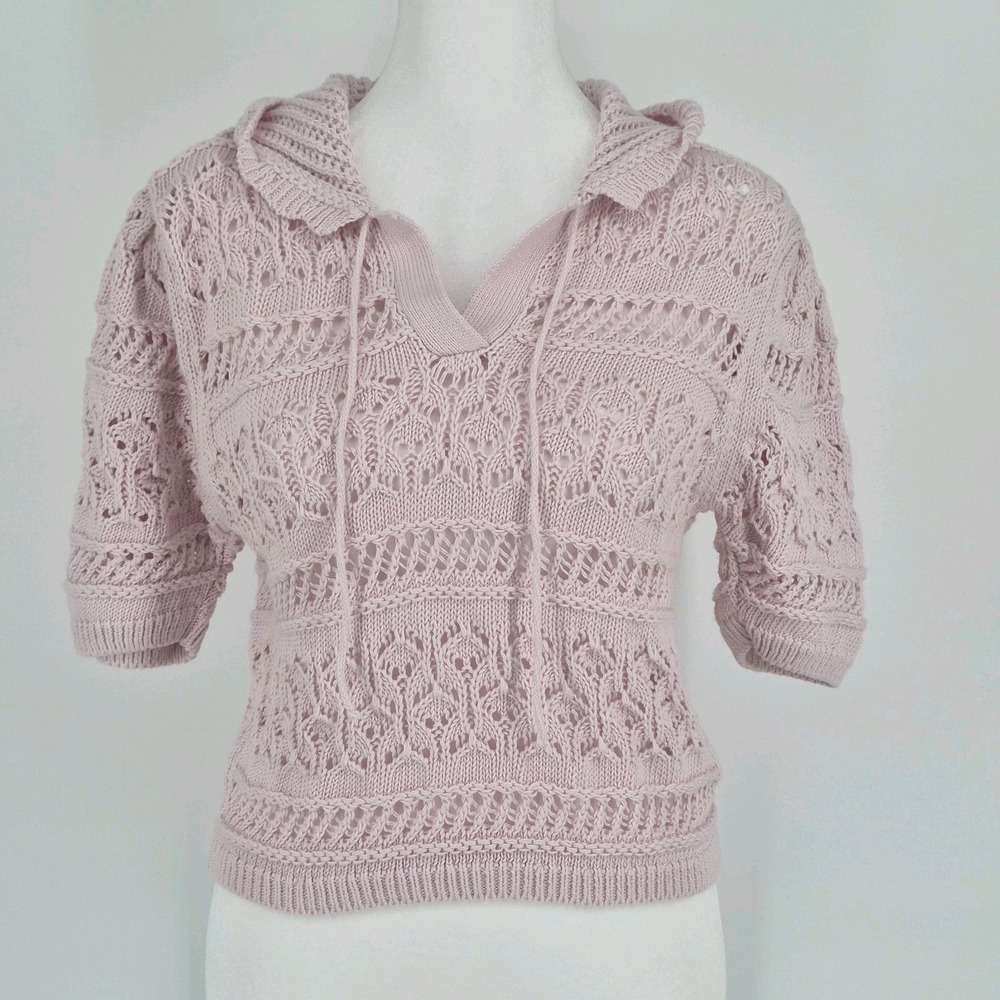 Zara Pink Pointelle Crochet Knit Top Collared Short Sleeve Sweater Boho Y2K Sz M